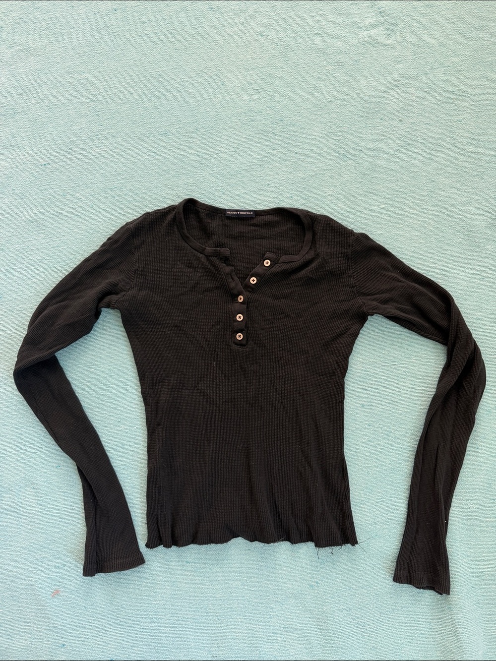 Brandy Melville Black Long-Sleeve Ribbed Henley Top